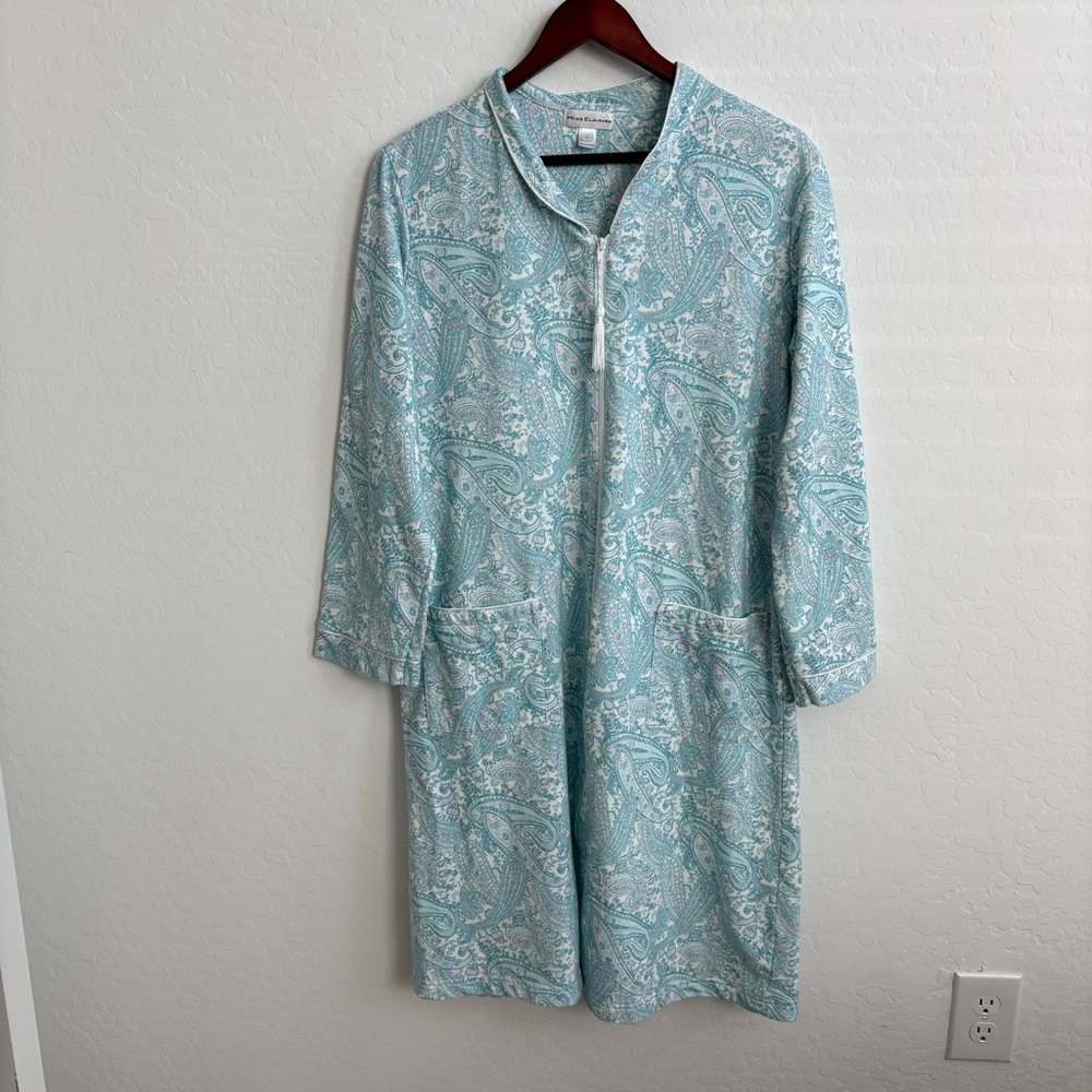 Miss Elaine Blue Paisley Long Sleeve Zipper House Coat Robe